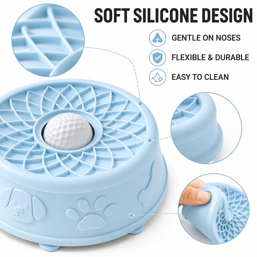 Slow Feeder Dog Bowl with Rolling Ball - 2-in-1 Lick Mat for Dogs, BPA-Free Silicone Suction Cup Pet Bowl, Interactive Dog Licking Bowl for Puppy Cat Wet Dry Food, Dishwasher Safe