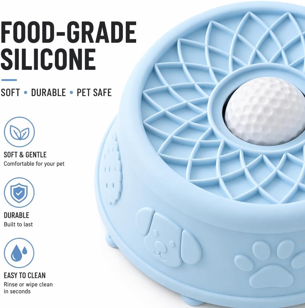 Slow Feeder Dog Bowl with Rolling Ball - 2-in-1 Lick Mat for Dogs, BPA-Free Silicone Suction Cup Pet Bowl, Interactive Dog Licking Bowl for Puppy Cat Wet Dry Food, Dishwasher Safe