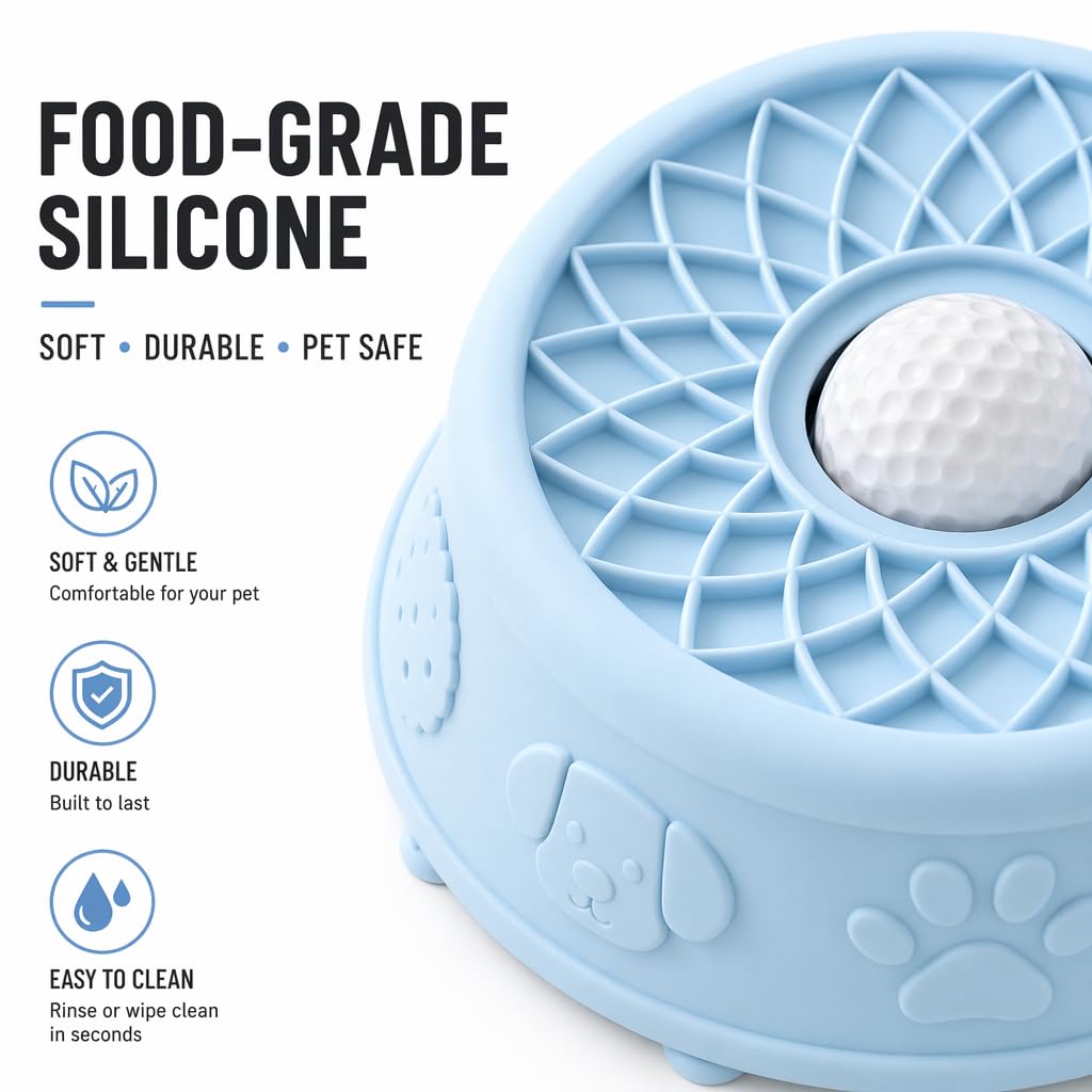 Slow Feeder Dog Bowl with Rolling Ball - 2-in-1 Lick Mat for Dogs, BPA-Free Silicone Suction Cup Pet Bowl, Interactive Dog Licking Bowl for Puppy Cat Wet Dry Food, Dishwasher Safe