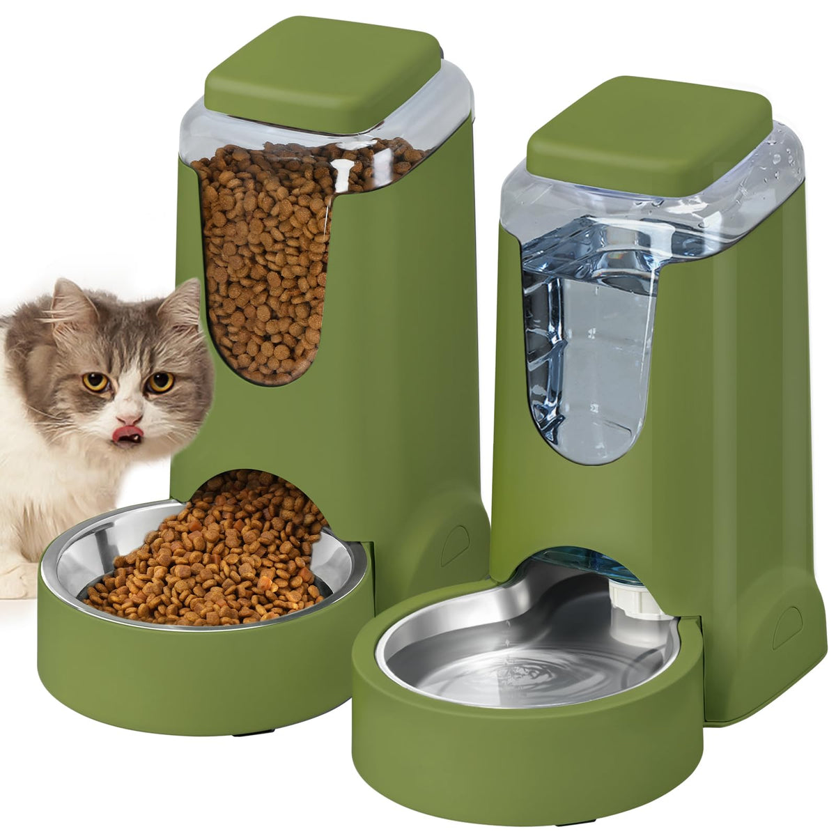 Automatic Cat Feeder and Water Dispenser with Stainless Steel Bowl Dog Gravity Food Feeder and Waterer for Small Medium Pets Puppy Kitten 1 Gallon x 2