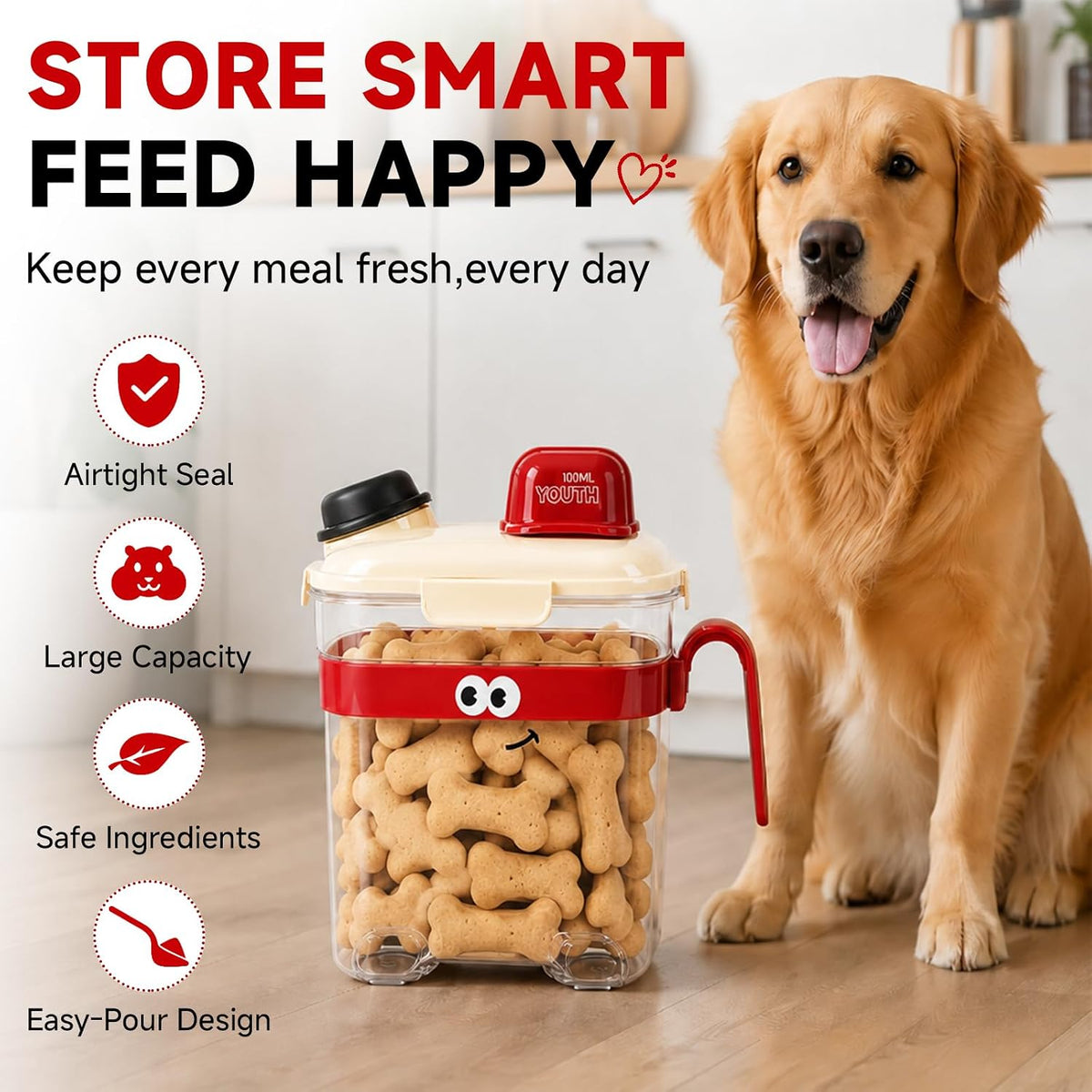 Cute Dog Food Storage Container, Airtight Small Portable Dog Food Container with Measuring Cup and Handle, Aesthetic Dog Food Storage Container for Countertop, 8.66'' Tall × 4.3'' Wide