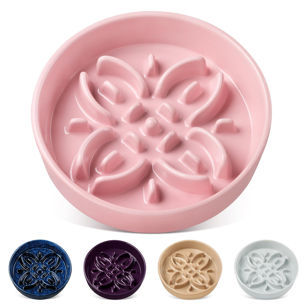 vancasso Ceramic Slow Feeder Dog Bowls, Puzzle Dog Food Bowls with Floral Maze, Anti -Slip Pet Food Dish for Small Breed, 0.6 Cups, Pink