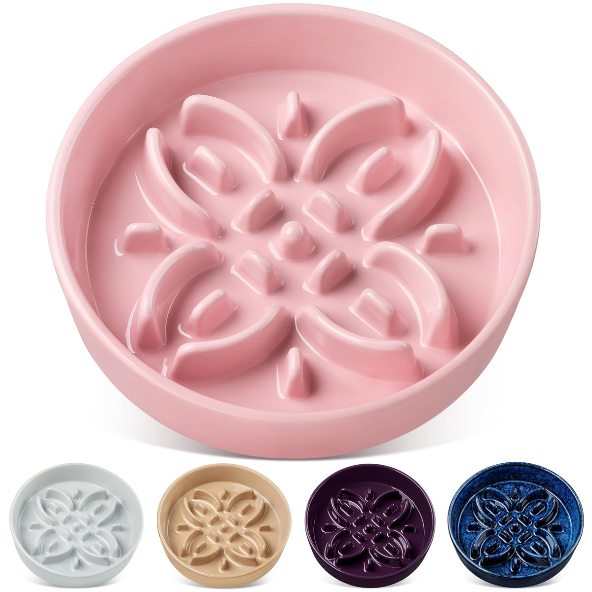 vancasso Ceramic Slow Feeder Dog Bowls, Puzzle Dog Food Bowls with Floral Maze, Anti -Slip Pet Food Dish for Small Breed, 0.6 Cups, Pink