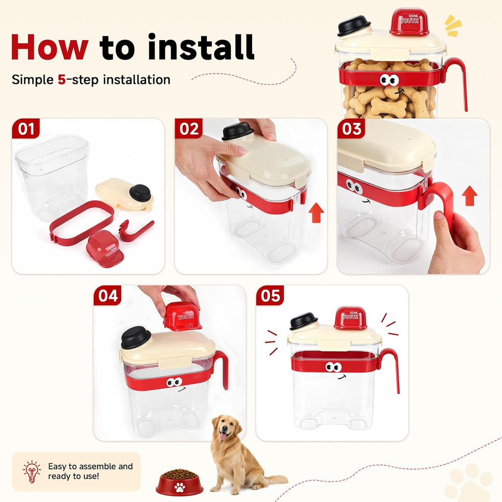 Cute Dog Food Storage Container, Airtight Small Portable Dog Food Container with Measuring Cup and Handle, Aesthetic Dog Food Storage Container for Countertop, 8.66'' Tall × 4.3'' Wide