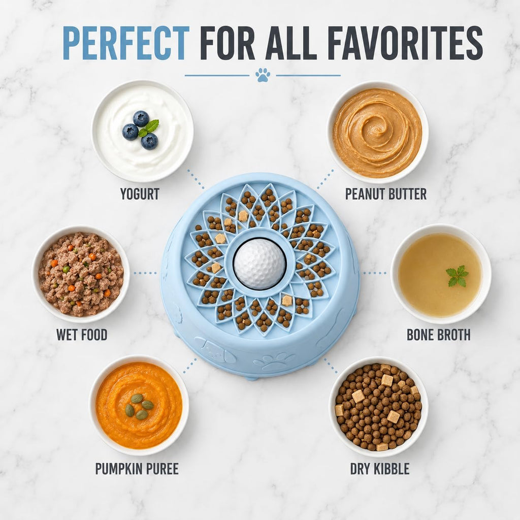 Slow Feeder Dog Bowl with Rolling Ball - 2-in-1 Lick Mat for Dogs, BPA-Free Silicone Suction Cup Pet Bowl, Interactive Dog Licking Bowl for Puppy Cat Wet Dry Food, Dishwasher Safe