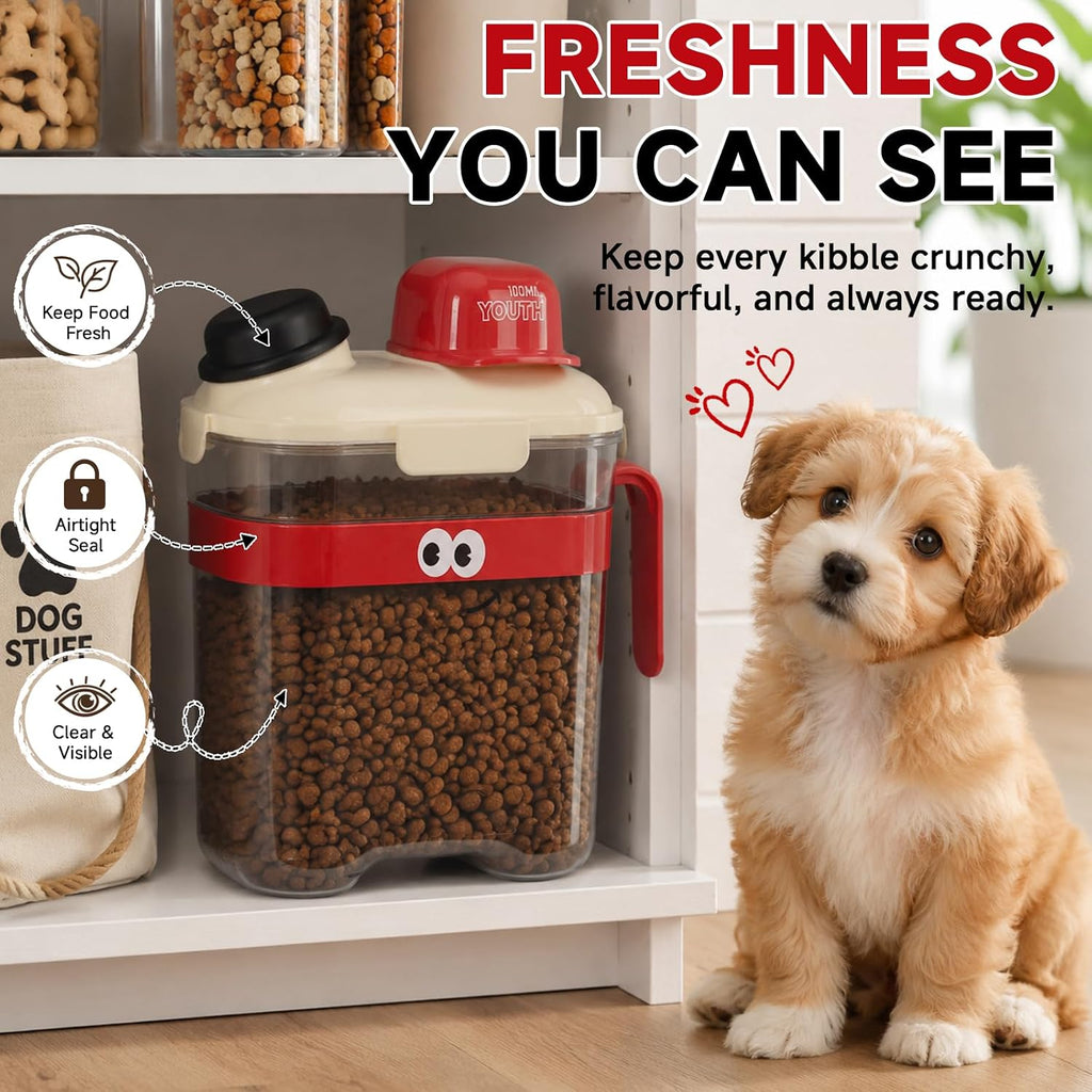Cute Dog Food Storage Container, Airtight Small Portable Dog Food Container with Measuring Cup and Handle, Aesthetic Dog Food Storage Container for Countertop, 8.66'' Tall × 4.3'' Wide