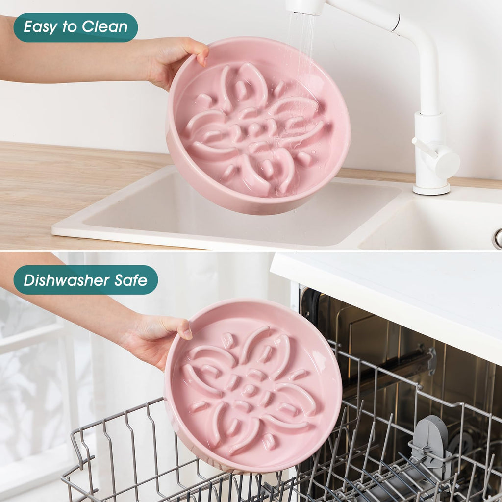 vancasso Ceramic Slow Feeder Dog Bowls, Puzzle Dog Food Bowls with Floral Maze, Anti -Slip Pet Food Dish for Small Breed, 0.6 Cups, Pink