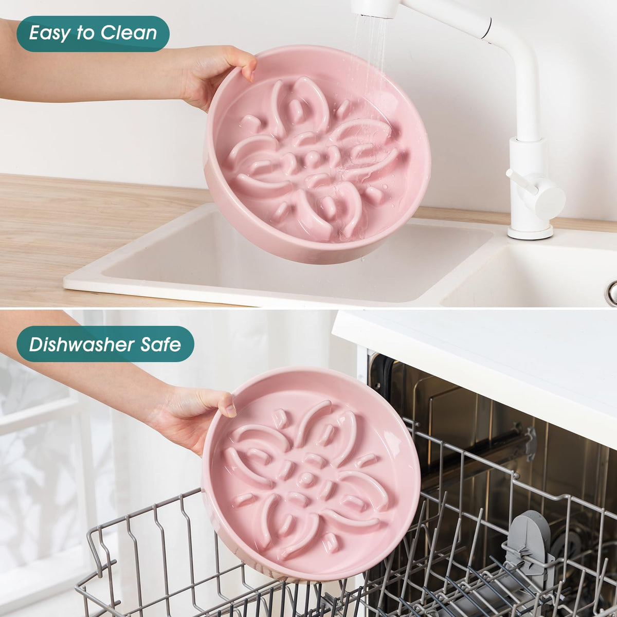 vancasso Ceramic Slow Feeder Dog Bowls, Puzzle Dog Food Bowls with Floral Maze, Anti -Slip Pet Food Dish for Small Breed, 0.6 Cups, Pink