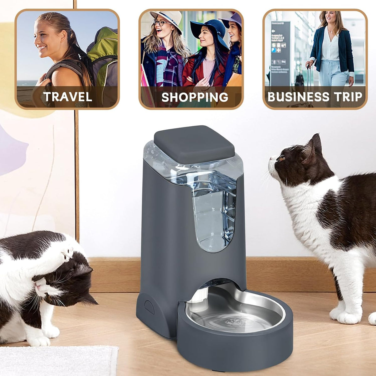 Automatic Cat Feeder and Water Dispenser with Stainless Steel Bowl Dog Gravity Food Feeder and Waterer for Small Medium Pets Puppy Kitten 1 Gallon x 2