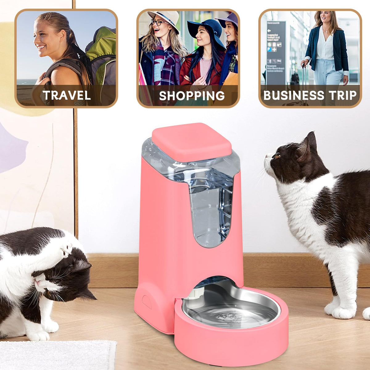 Automatic Cat Feeder and Water Dispenser with Stainless Steel Bowl Dog Gravity Food Feeder and Waterer for Small Medium Pets Puppy Kitten 1 Gallon x 2