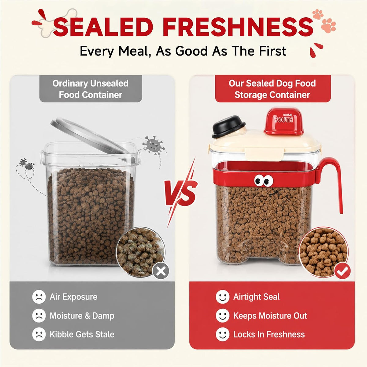 Cute Dog Food Storage Container, Airtight Small Portable Dog Food Container with Measuring Cup and Handle, Aesthetic Dog Food Storage Container for Countertop, 8.66'' Tall × 4.3'' Wide