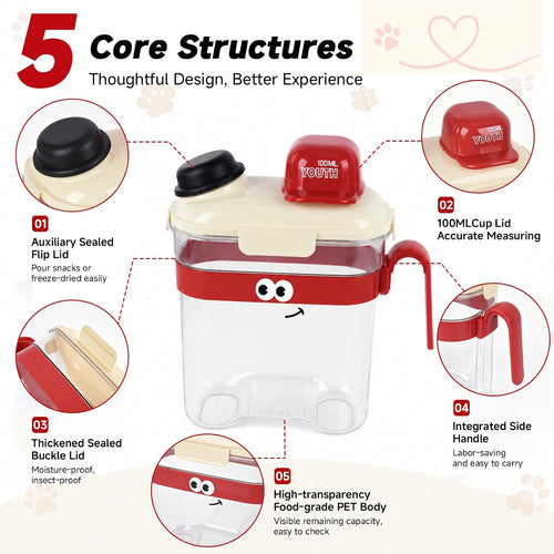 Cute Dog Food Storage Container, Airtight Small Portable Dog Food Container with Measuring Cup and Handle, Aesthetic Dog Food Storage Container for Countertop, 8.66'' Tall × 4.3'' Wide