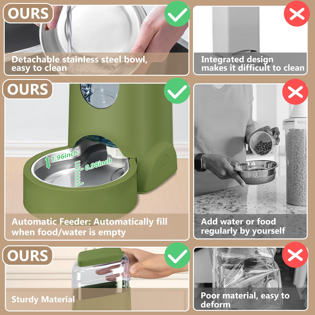Automatic Cat Feeder and Water Dispenser with Stainless Steel Bowl Dog Gravity Food Feeder and Waterer for Small Medium Pets Puppy Kitten 1 Gallon x 2