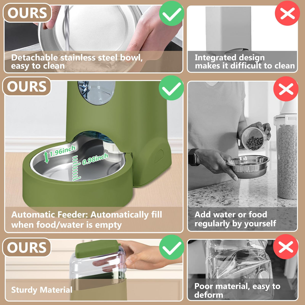 Automatic Cat Feeder and Water Dispenser with Stainless Steel Bowl Dog Gravity Food Feeder and Waterer for Small Medium Pets Puppy Kitten 1 Gallon x 2