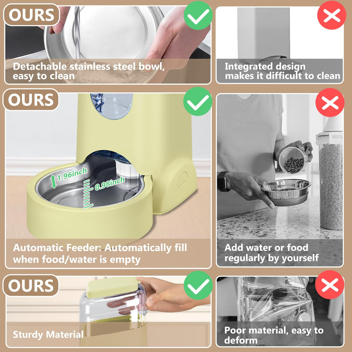 Automatic Cat Feeder and Water Dispenser with Stainless Steel Bowl Dog Gravity Food Feeder and Waterer for Small Medium Pets Puppy Kitten 1 Gallon x 2