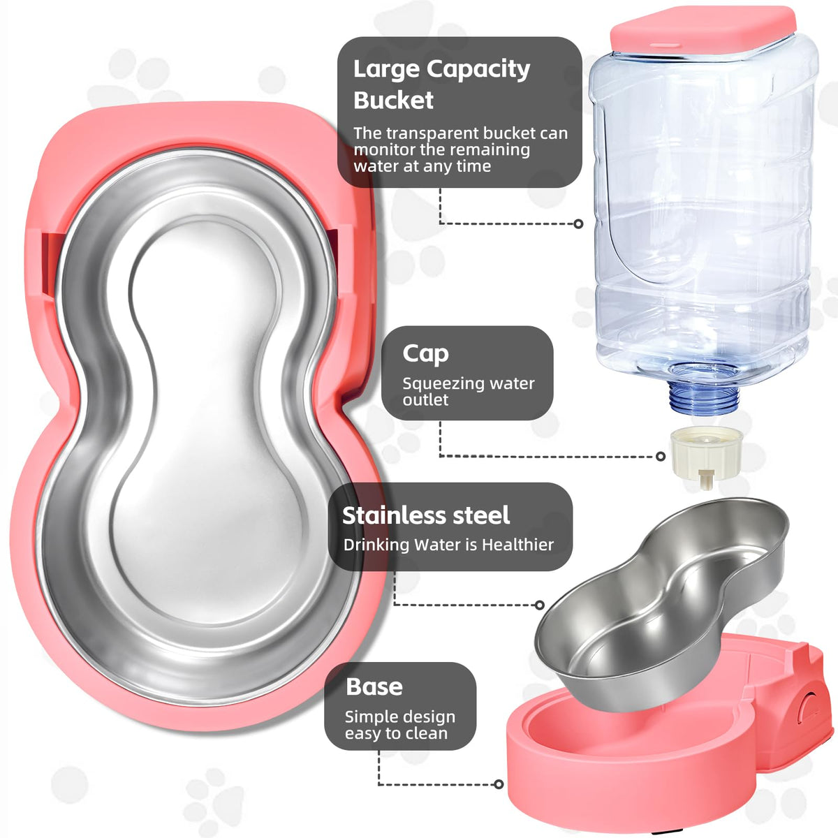Automatic Cat Feeder and Water Dispenser with Stainless Steel Bowl Dog Gravity Food Feeder and Waterer for Small Medium Pets Puppy Kitten 1 Gallon x 2