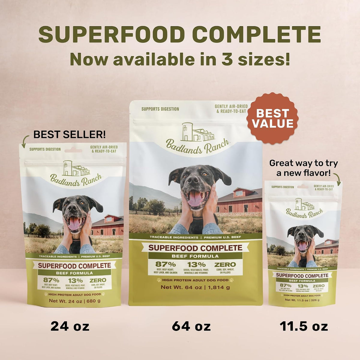 BADLANDS RANCH Air-Dried Fish & Turkey Dog Food, 87% Meat, 24 oz